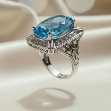 10K white gold oval blue topaz and diamond ring three-quarter side view