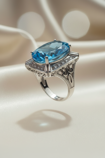 10K white gold oval blue topaz and diamond ring three-quarter side view