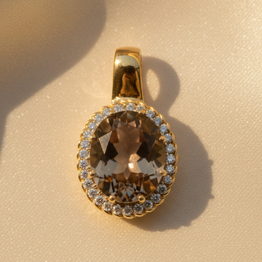 14K Yellow Gold Oval Smoky Quartz and Diamond Halo Pendant - top view