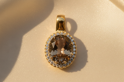 14K Yellow Gold Oval Smoky Quartz and Diamond Halo Pendant - top view