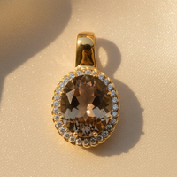 14K Yellow Gold Oval Smoky Quartz and Diamond Halo Pendant - top view