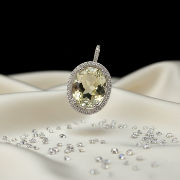 White Gold Oval Lemon Quartz & Diamond Halo Pendant