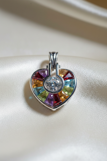 14K white gold multi-gemstone heart pendant with CZ center, front view