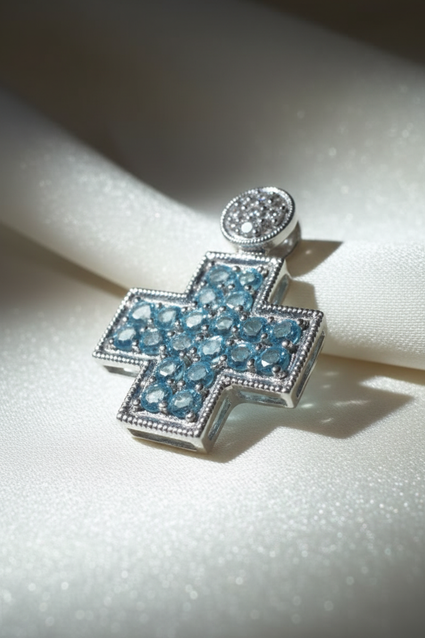 14K white gold blue topaz and diamond square cross pendant, three-quarter angle
