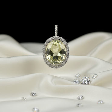 White Gold Oval Lemon Quartz & Diamond Halo Pendant