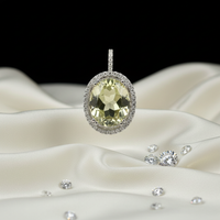 White Gold Oval Lemon Quartz & Diamond Halo Pendant
