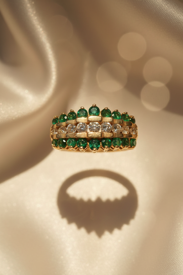 14K yellow gold created emerald and diamond three-row cluster ring, front view