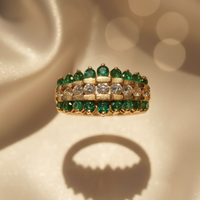 14K yellow gold created emerald and diamond three-row cluster ring, front view
