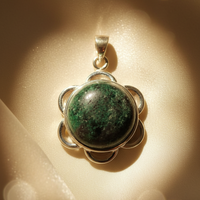 Sterling silver zoisite flower pendant - editorial marketing image 3