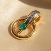 14K Two-Tone Gold Emerald & Diamond Circle Pendant - Macro View