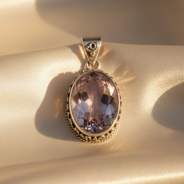 Sterling silver oval pink amethyst pendant 16x11mm - editorial marketing image 4