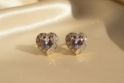 14K Yellow Gold Heart Amethyst & Diamond Earrings - editorial front