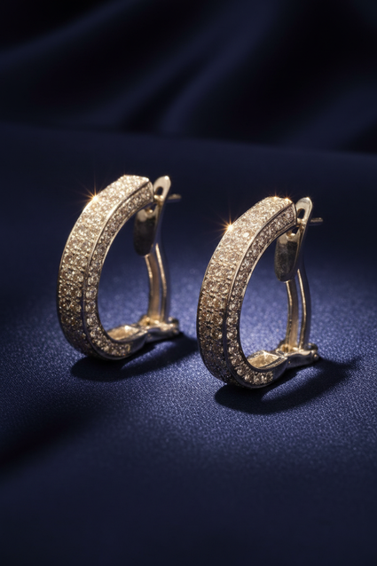 18K White Gold Triple Row Pavé Diamond Hoop Lever-Back Earrings on midnight blue silk backdrop editorial marketing image
