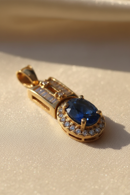 14K Yellow Gold Blue Sapphire & Diamond Halo Pendant – Angle View