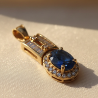 14K Yellow Gold Blue Sapphire & Diamond Halo Pendant – Angle View