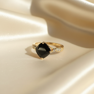 14K Yellow Gold Kite Black Onyx Diamond Ring - three quarter editorial