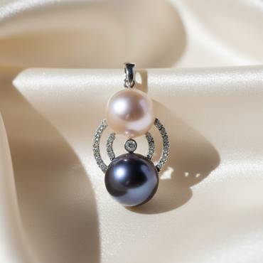14K White Gold Black & White Freshwater Pearl Diamond Pendant - front editorial