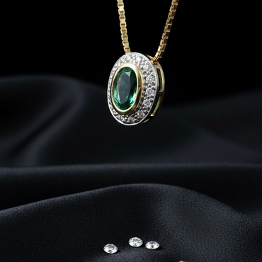 14K Yellow Gold Oval Emerald Diamond Halo Pendant Necklace - Three-Quarter Angle