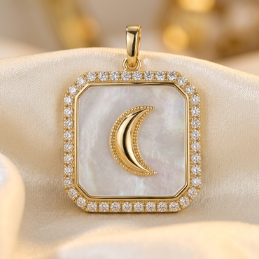 18K yellow gold white mother-of-pearl and diamond crescent moon pendant, front view