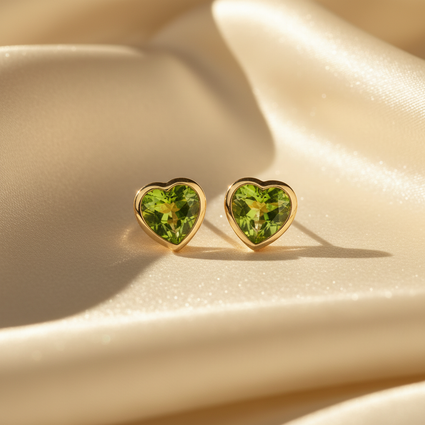 14K yellow gold heart peridot bezel stud earrings - editorial marketing image 1