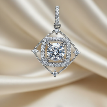 18K white gold diamond halo pendant three-quarter view