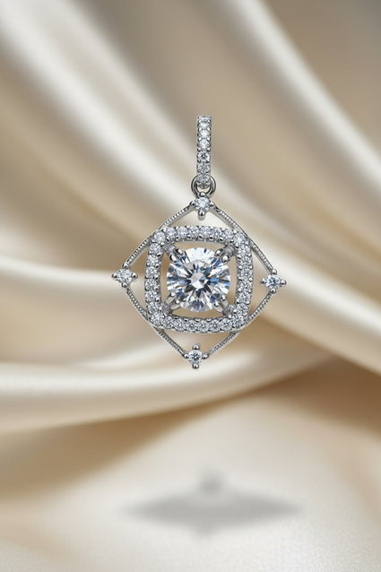 18K white gold diamond halo pendant three-quarter view