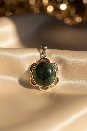 Sterling silver zoisite flower pendant - editorial marketing image 2