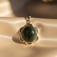 Sterling silver zoisite flower pendant - editorial marketing image 2