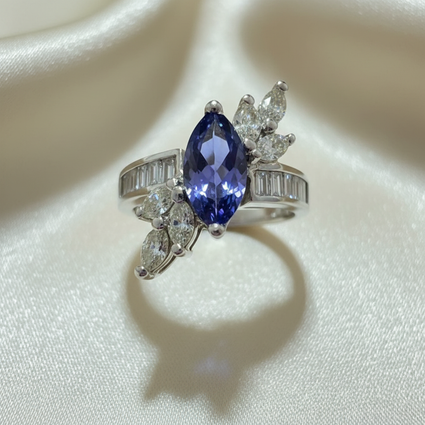 14K White Gold Marquise Tanzanite Cocktail Ring with Diamond Spray & Baguette Channel Shank - Top Down View