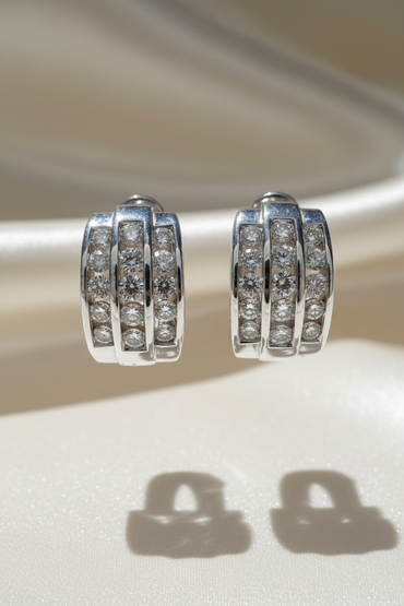 14K White Gold 3-Row Channel Diamond Huggie Hoop Earrings – Front View