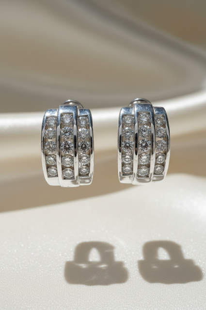14K White Gold 3-Row Channel Diamond Huggie Hoop Earrings – Front View