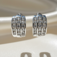 14K White Gold 3-Row Channel Diamond Huggie Hoop Earrings – Front View