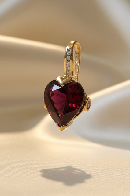 14K gold heart garnet and pink tourmaline pendant three-quarter view