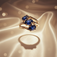 14K White Gold Three-Stone Oval Blue Sapphire Ring - Front View