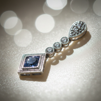 14K White Gold Diamond & Oval Tanzanite Art Deco Drop Pendant - Macro View