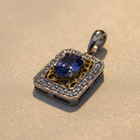 18K White Gold Tanzanite & Diamond Rectangular Halo Pendant - Macro View