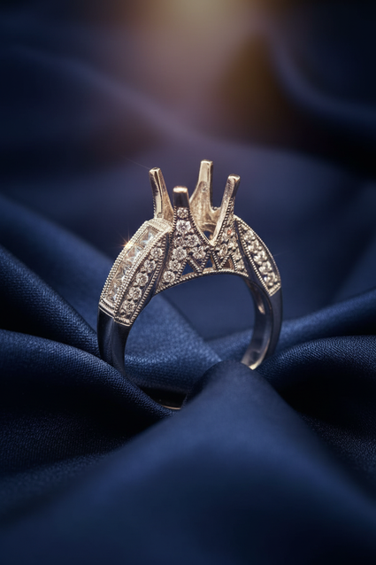 14K White Gold Vintage Milgrain Princess and Pavé Diamond Semi-Mount Engagement Ring on midnight blue silk backdrop editorial marketing image