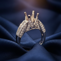 14K White Gold Vintage Milgrain Princess and Pavé Diamond Semi-Mount Engagement Ring on midnight blue silk backdrop editorial marketing image