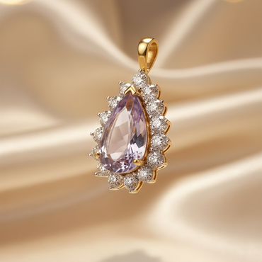 10K yellow gold pear-cut amethyst and diamond starburst halo pendant, elevated three-quarter view