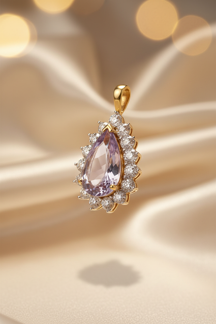 10K yellow gold pear-cut amethyst and diamond starburst halo pendant, elevated three-quarter view