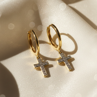 10K Yellow Gold Natural Diamond Hoop Earrings with Dangle Cross - Marketing Image