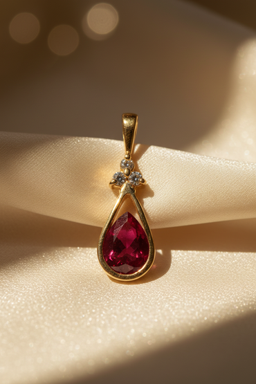 14K Yellow Gold Ruby & Diamond Pendant - front angle