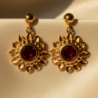 14K Yellow Gold Garnet Flower Post Earrings - Marketing Image 2