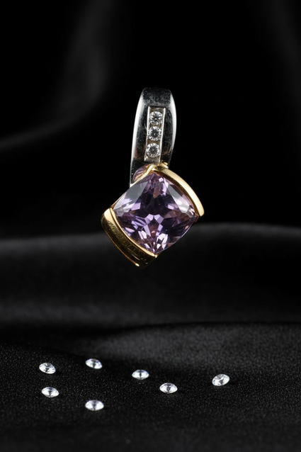 10K Two-Tone Gold Cushion Amethyst Diamond Pendant - Front Close-Up