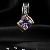 10K Two-Tone Gold Cushion Amethyst Diamond Pendant - Front Close-Up