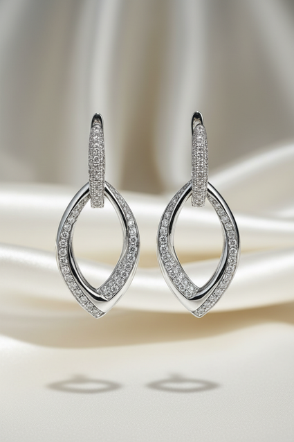 14K White Gold 0.95ctw Diamond Open Marquise Drop Earrings – Front View
