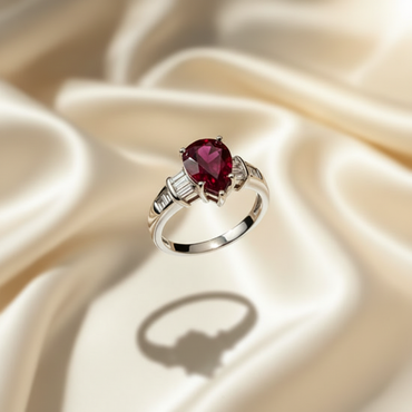 14K White Gold Pear-Cut Ruby & Baguette Diamond Ring - Side View