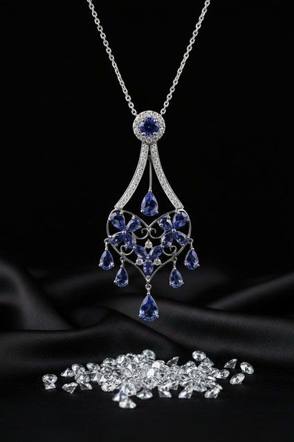 14K White Gold Tanzanite Diamond Chandelier Necklace - Front Close-Up