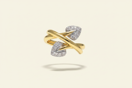18K yellow gold diamond leaf cluster bypass ring floating on ivory backdrop luxury editorial marketing image