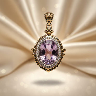 Sterling Silver & 18K Yellow Gold Oval Amethyst & White Topaz Halo Pendant 13x9mm - Front View